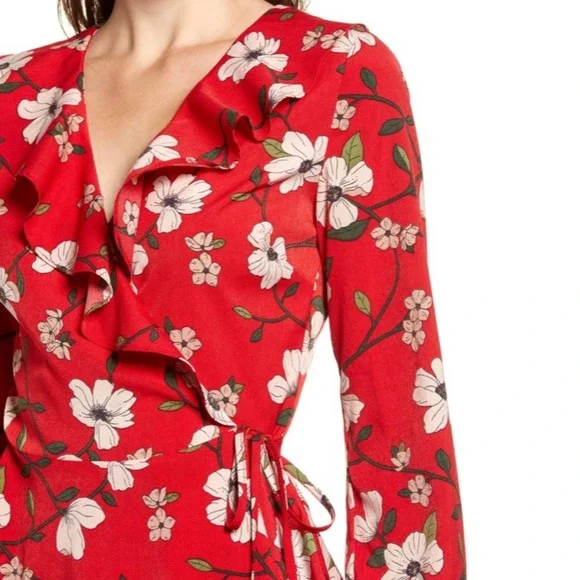 LYDELLE for NORDSTROM Women's Red/White Floral Surplice Ruffle Wrap Blouse sz S - Picture 6 of 8